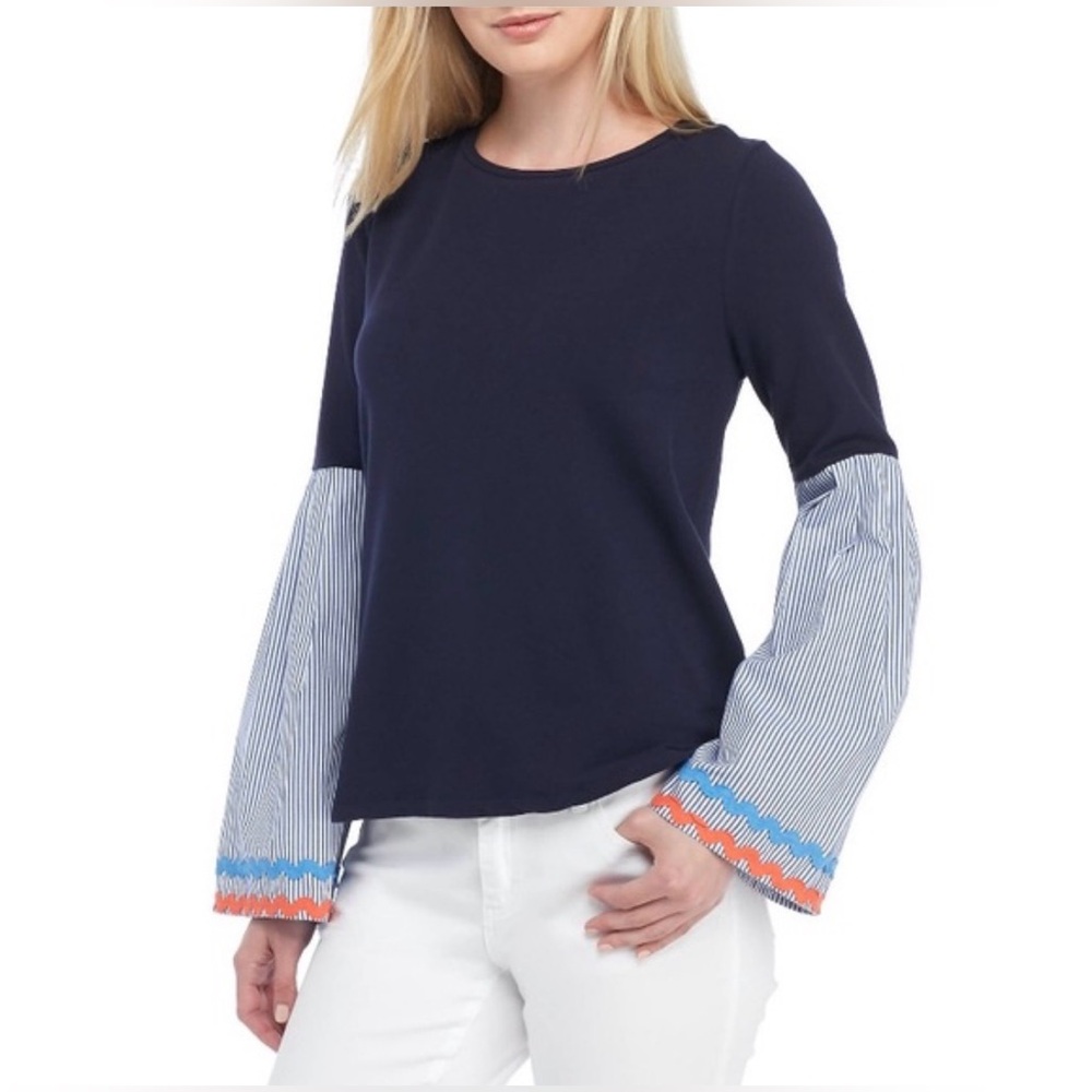 Crown & Ivy Navy‎ Mixed Media Bell Sleeve Top Striped Ric Rac Trim Womens XL